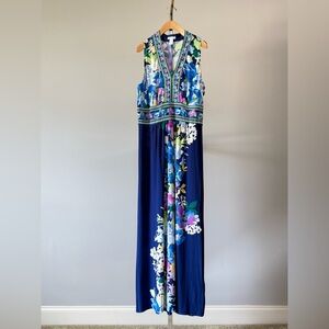 Floral Print Sleeveless V-Neck Flowy Maxi Dress Geometric Border SIZE: 16